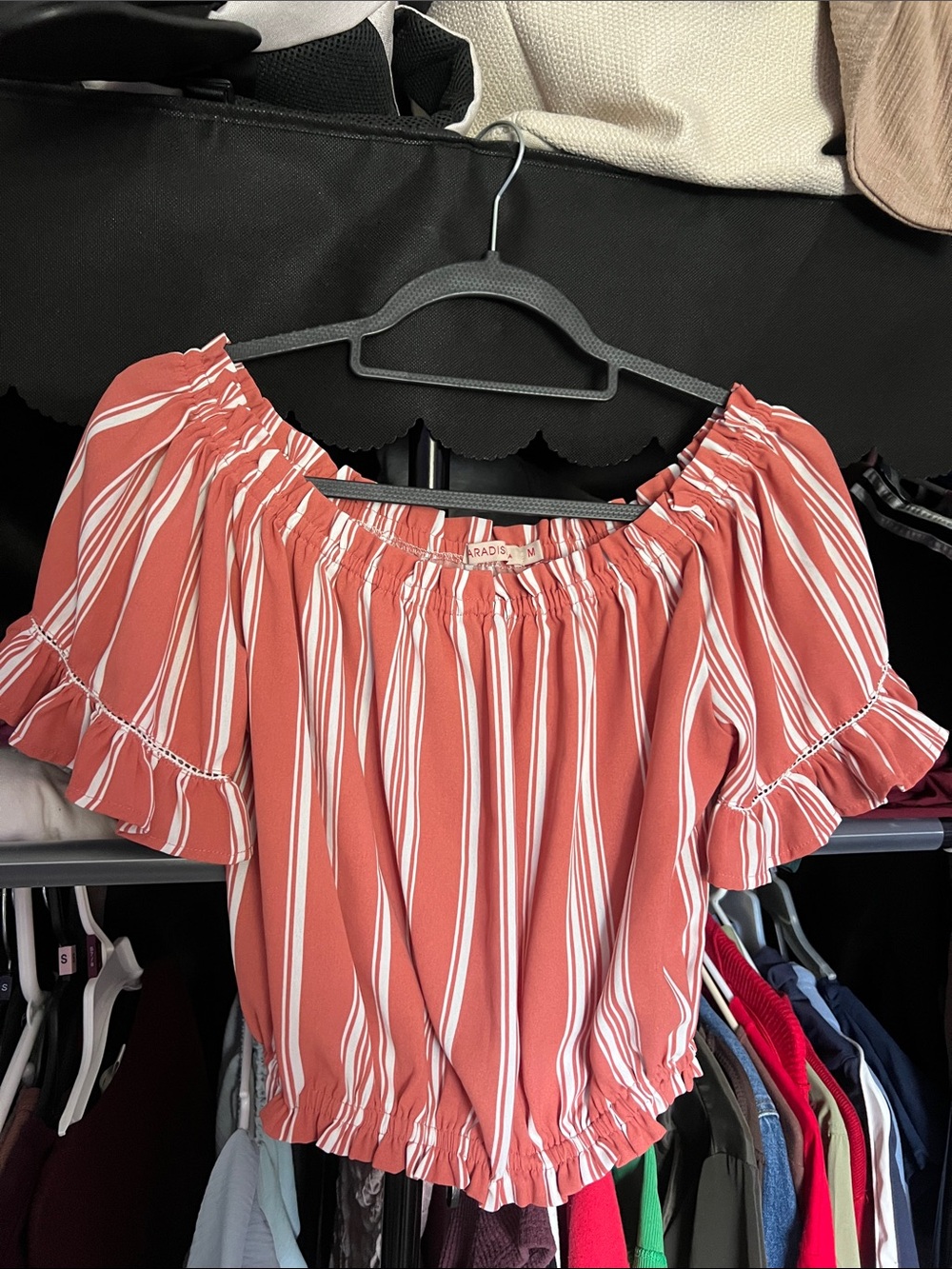 Striped Off-Shoulder Crop Top in Rust and White